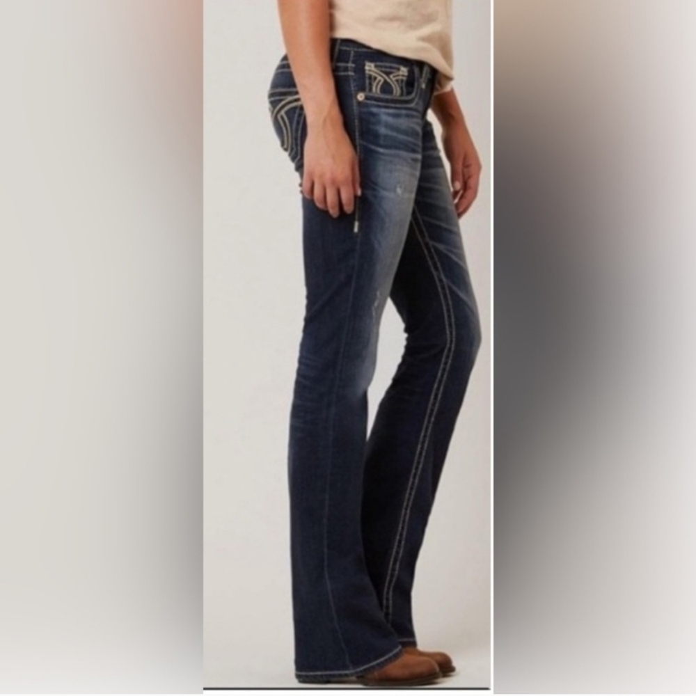 Big Star Liv Jeans Straight Leg Dark Wash Embroidered Metallic Pockets Size 27R